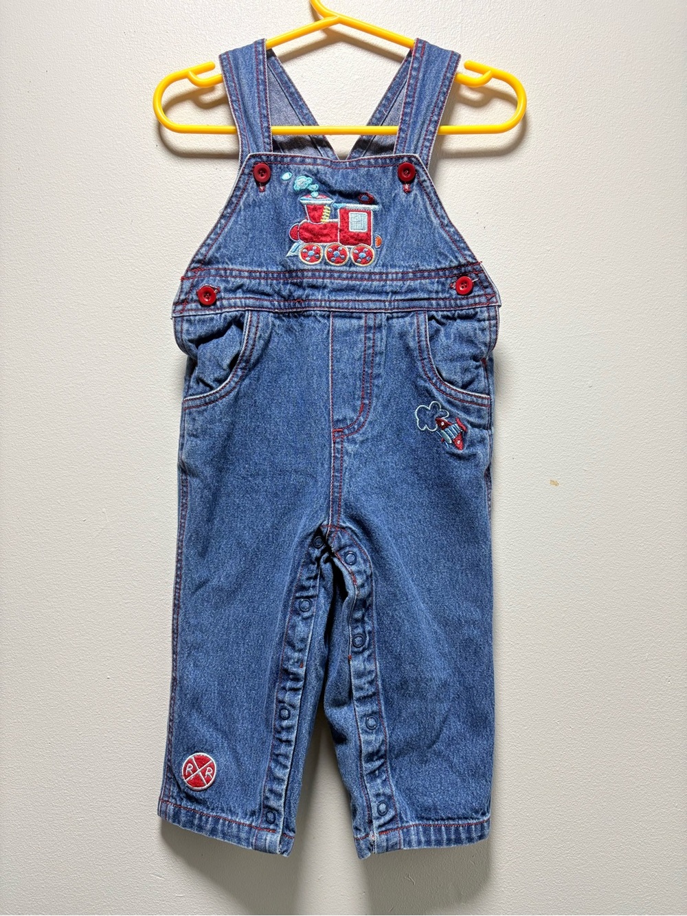 Kids Denim Overalls with Red Train Embroidery